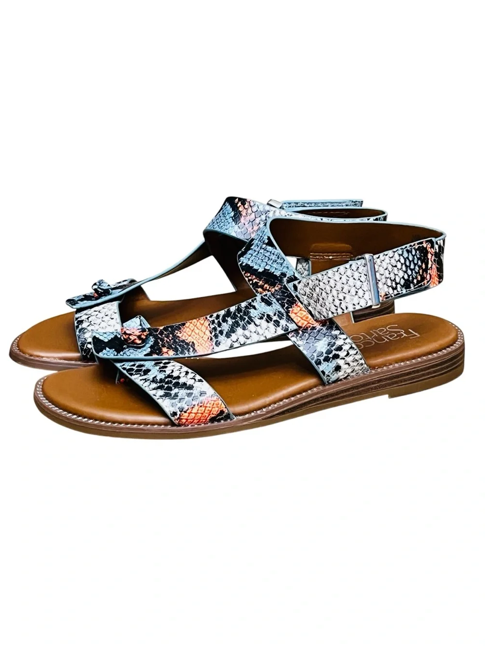 Franco Sarto Glenni Sandals Womens 6.5 M Snake Print Ankle Strap Toe-Post Flat